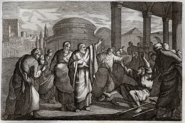 Bible de Royaumont, Nouveau Testament : Lame guéri. Saint Paul guérit un boiteux et arrête un peuple qui voulait lui sacrifier comme un dieu. Illustration de 1811.