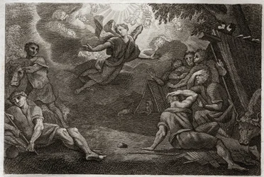 Bible de Royaumont, Nouveau Testament : Les bergers à la crèche. Un Ange annonce la naissance de Jésus-Christ aux bergers (Annonciation aux bergers). Illustration de 1811