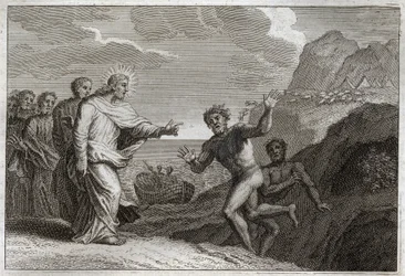 Bible de Royaumont, Nouveau Testament : Possédé guéri. Jésus-Christ guérit un possédé que le démon rendait furieux. Illustration de 1811.
