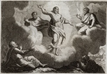 Bible de Royaumont, Nouveau Testament : La Transfiguration de Jésus-Christ. Le Christ entouré de Moïse et Élie avec en dessous l
