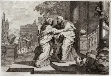 Bible de Royaumont, Nouveau Testament : Visitation. La Sainte Vierge Marie rend visite à sa cousine Élisabeth. Illustration de 1811.
