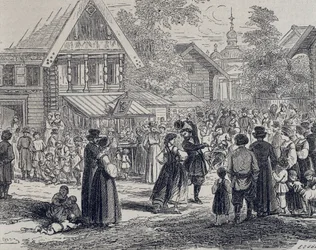 Russie (XIXe siècle). Fête dans un village. 1879 (gravure)
