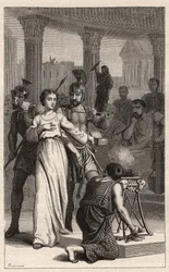 Sainte Blandine - Sainte Blandine (martyre 177) refuse de sacrifier aux idoles - gravure dans « Les Femmes Illustres de France » par Oscar Havard - 1886
