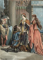 Saint Louis (1214-1270), roi de France, et sa mère Blanche de Castille (1188-1252). Gravure de 1881 dans « El Culto de la Hermosura » par Juan Justo Huguet, Molinas Hermanos éditeurs