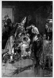 Fête de Saint Nicolas en Lorraine qui apporte des jouets aux enfants. Il est accompagné du compère le Diable qui lui apporte des verges. Gravure dans "Le Monde Illustré"