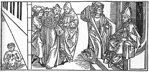 Saint Séverin. Gravure de « Leben der Heiligen - sommerteil » (Le livre des saints) par Jacobus (Jacques) de Voragine (1228-1298). Lübeck 1488