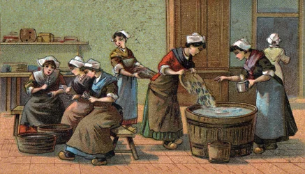 Industrie de la sardine : découpe des têtes, salage. Chromolithographie de la fin du XIXe siècle