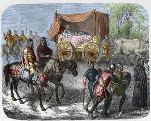 Scène représentant les rois fainéants : le roi de France Thierry III (673-691) transporté dans un char avec un lit tiré par des bœufs.