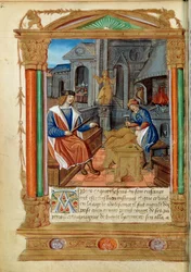 Sculpture : un maître contrôle le travail de son apprenti, sculptant un aigle. Miniature du Roman de Thésée de Cologne et de Godifer 16e siècle Paris, B.N.
