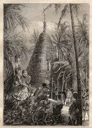 Deuxième voyage (1772-1775) du capitaine James Cook (1728-1779) : maison circulaire traditionnelle, sur le toit d