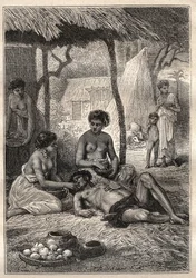 Deuxième voyage (1772-1775) du capitaine James Cook (1728-1779) : une île où il passait sa journée à être avalé par ses femmes (Tahiti) - illustration tirée de « Les Grands Marins du XVIIIe siècle »