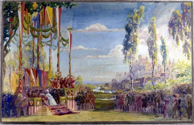 Décor pour "Die Meistersinger" ou "Les maîtres chanteurs de Nuremberg", opéra de Richard Wagner. Acte II.