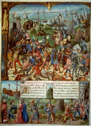 Septième Croisade (1248-1254). En haut, Louis IX (Saint Louis) (1215-1270), roi de France, avec les croisés après avoir été vaincus par les Sarrasins à Mansourah en 1250