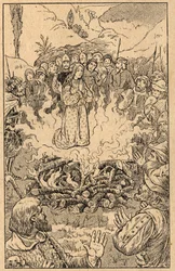 Elle reste au milieu des flammes... Sainte Rose de Viterbo (1233-1252). Gravure de la fin du XIXe siècle. Collection privée.