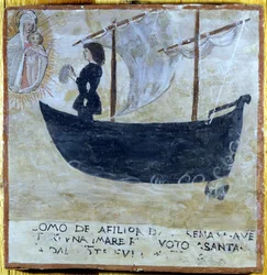 Navire sauvé de la tempête. Ex-voto du 16ème siècle du Sanctuaire de la Madonna del Monte à Cesena (Forlì).