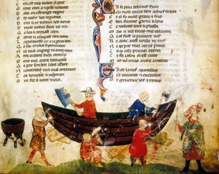 Construction navale et calfatage au XIIIe siècle. Miniature du Roman de Troie par Benoît de Sainte-Maure. XIVe siècle, Biblioteca Marciana, Venise
