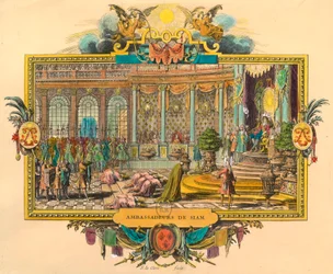 Ambassadeurs siamois à la cour du roi Louis XIV en 1686. Gravure. Collection privée