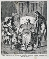 Sire, dit Mazarin, « Je vous dois tout : mais je paie à Votre Majesté en lui donnant Colbert. » Le cardinal Jules Mazarin (Giulio Raimondo Mazzarino) (1602-1661) présente Jean-Baptiste Colbert (1619-1683) à Louis XIV (1638-1715) Illus