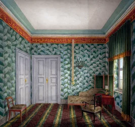 Petite salle de jour avec papier peint vert et feuillage