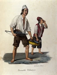 Petit métier de rue : vendeurs de poissons ambulants. Gravure de Sicile du 19ème siècle