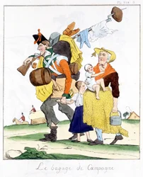 Soldat anglais des campagnes contre Napoléon embarrassé de sa femme et ses enfants - dans « Musée de la caricature » par E. Jaime, éd. Delloye, Paris
