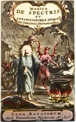 Sorcières préparant des potions surveillées par des démons, frontispice de « Magica de spectris et apparitionibus spiritu de vaticiniis, divinationibus » par Henningus Grosius