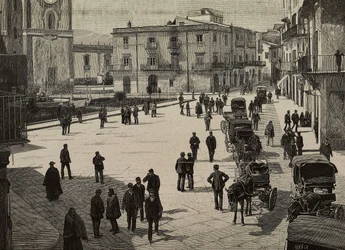 Place et hôtel de ville de Monreale, insurrection des Fasci Siciliani, Italie, gravure d
