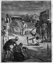 Supplice de deux pirates au Tonkin - Le pirate du Tonkin - illustration pour le roman de Pierre Maël (Charles Causse et Charles Vincent) gravure dans « journal des voyages » 1884