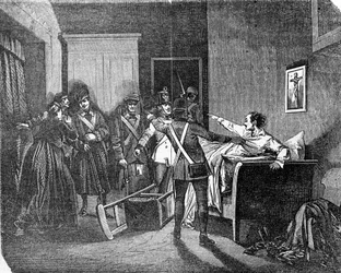 La police austro-hongroise a arrêté un carbonaro (carboneria, industrie du charbon), membre de la société politique secrète. Gravure du 19ème siècle.