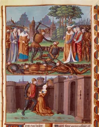 La bataille des Horaces et des Curiaces. Les trois Horaces de Rome rencontrent les trois Curiaces. Différentes scènes de combat