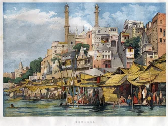 Le ghat de Bénarès en Inde (actuelle Varanasi). Gravure de 1857.
