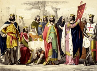 Les Capétiens de 987 à 1137. Hugues Capet, Robert Ier Constance, Philippe Ier, Louis VI et Louis VII. Gravure du 19e siècle