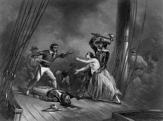 Le pirate des Caraïbes Morgan enlève la belle Espagnole. dans « Histoire générale de la marine » par Van Tenac