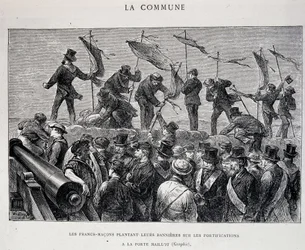 La Commune : francs-maçons plantant leurs bannières sur les fortifications à la porte Maillot (1871)