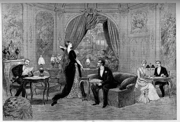 Le comte de Riverolles, Francine, Stanislas de Grandredon, Thérèse Smith et Henri de Simeux, personnages de la pièce « Francillon », comédie d