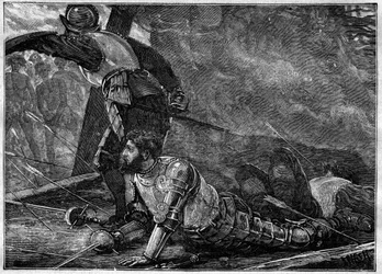 La mort de Juan de la Cosa (1460-1510), cartographe, conquistador et explorateur espagnol à Carthagène, Colombie - gravure de 1887