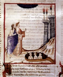 La Divine Comédie de Dante Alighieri. Enfer. Miniature représentant la ville de Dité. Manuscrit du 14e siècle. Bibliothèque municipale de Rimini