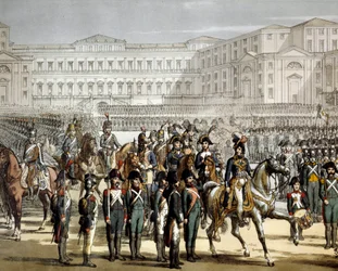 Le général français et roi de Naples Gioacchino (Joachim) Murat (1767-1815) passe en revue la milice cisalpine devant la Villa Reale de Monza le 07/08/1801. Gravure Museo del Risorgimento, Milan