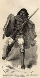 Le Jeu, ou brave à trois poils, soldat abyssinien armé. Gravure pour illustrer le voyage en Abyssinie, en 1862 par Guillaume Lejean, dans Le tour du monde, nouveau journal des voyages publié sous la direction d