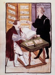 Le banquier allemand Jacob Fugger (1459-1525) dans son bureau (Goldene Schreibstube) avec son comptable allemand Matthaus Schwarz (1497-vers 1574) Aquarelle du 16e siècle. BN, Paris