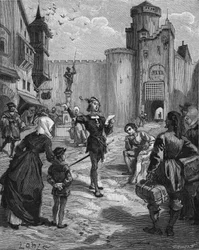 Le chevalier allemand, poète et humaniste Ulrich von Hutten (1488-1523) déclamant un de ses poèmes dans la rue. Gravure du XIXe siècle. Dans « Histoire de France » par Jules Michelet