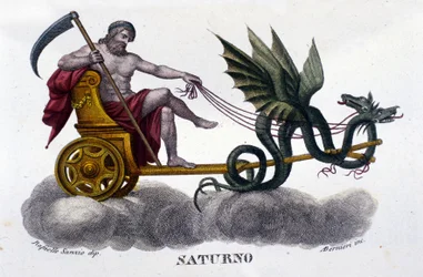 Le dieu Saturne (ou Cronos) sur un char tiré par deux dragons. D