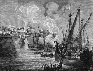 Le feu grégeois utilisé par les assiégeants et les assiégés lors du siège de Constantinople par Muhammad II en 1453. Dans "Album de la Science", Éditions Jouvet.