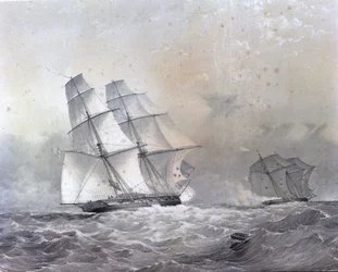 La goélette HMS Acorn de 16 canons poursuivant le négrier Gabriel
