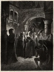 Le roi de France Henri III (1551-1589) en habit de pénitent blanc - Procession de la Confrérie instituée par le roi le 23/03/1585 (Roi de France Henri III en procession de pénitent blanc)