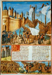 Le roi de France Louis IX (Saint Louis) (1214-1270) embarquant pour la septième croisade. Miniature tirée de « Les passages faits Outremer par les Français contre les Turks et autres Sarrazins et Moures Outremarine » de Sebastien Mamerot