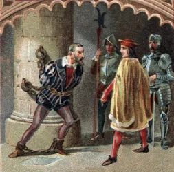 Le roi de France Louis XII fait enfermer Ludovic Marie Sforza, dit le More (Ludovico Maria Sforza detto il Moro) (1452-1508), au château de Loches, en Touraine. Chromolithographie de la fin du XIXe siècle.