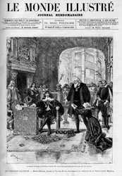 Le marquis de Nangis (interprété par Dumaine) et Marion (par Sarah Bernhardt) implorant le roi Louis XIII (Garnier). Pièce de théâtre "Marion Delorme", drame de Victor Hugo (1802-1885) joué au théâtre de la Porte Saint-Martin après avoir été interdit par..