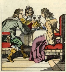 Le marquis de Carabas invite la princesse et le roi à manger au château. Illustration du conte "Le Chat botté" de Charles Perrault