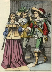 Le marquis de Carabas, la princesse et le roi dans le château. Illustration du conte "Le chat botté" de Charles Perrault.